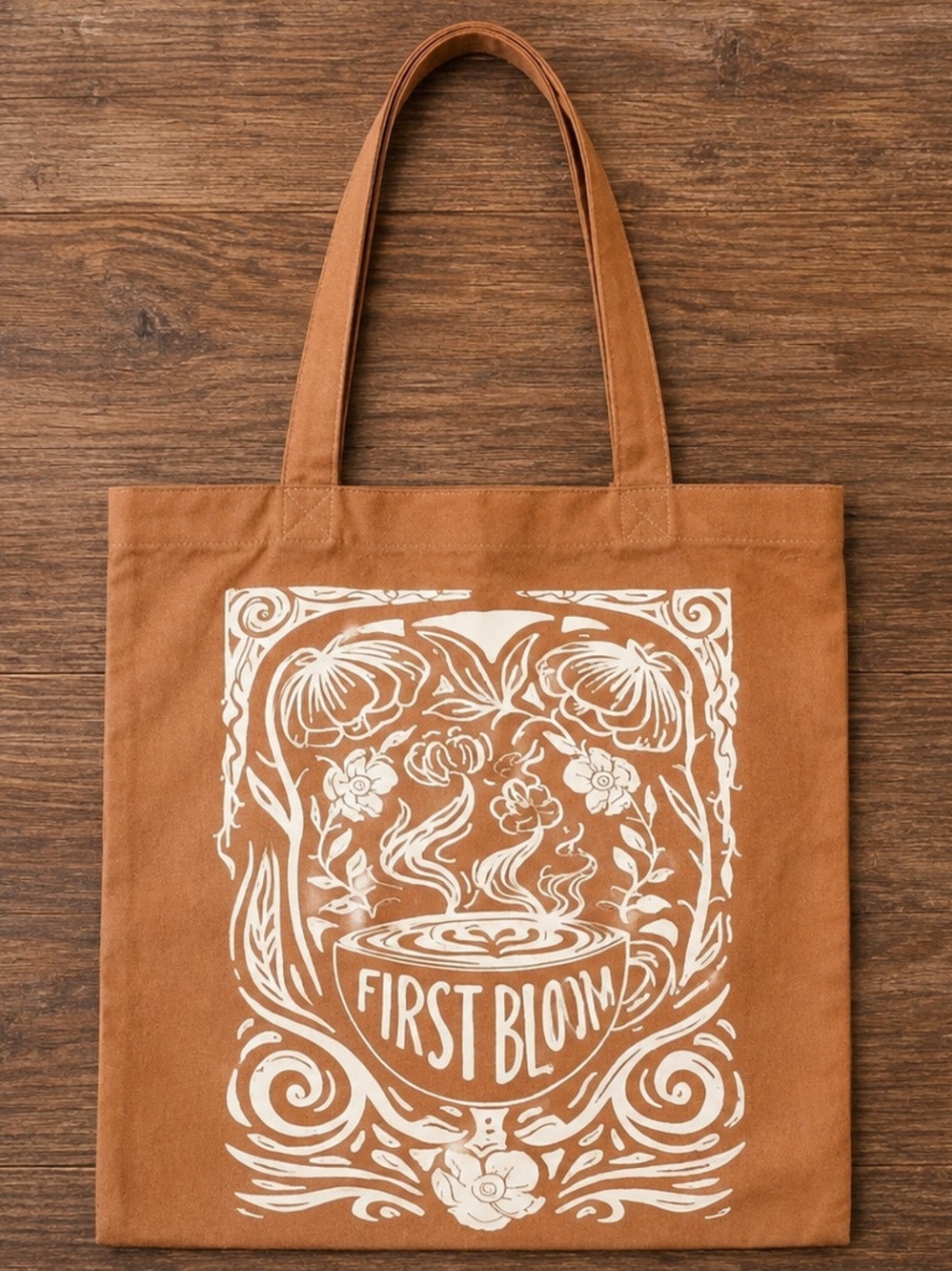 First Bloom Tan Canvas Tote - Floral White Print